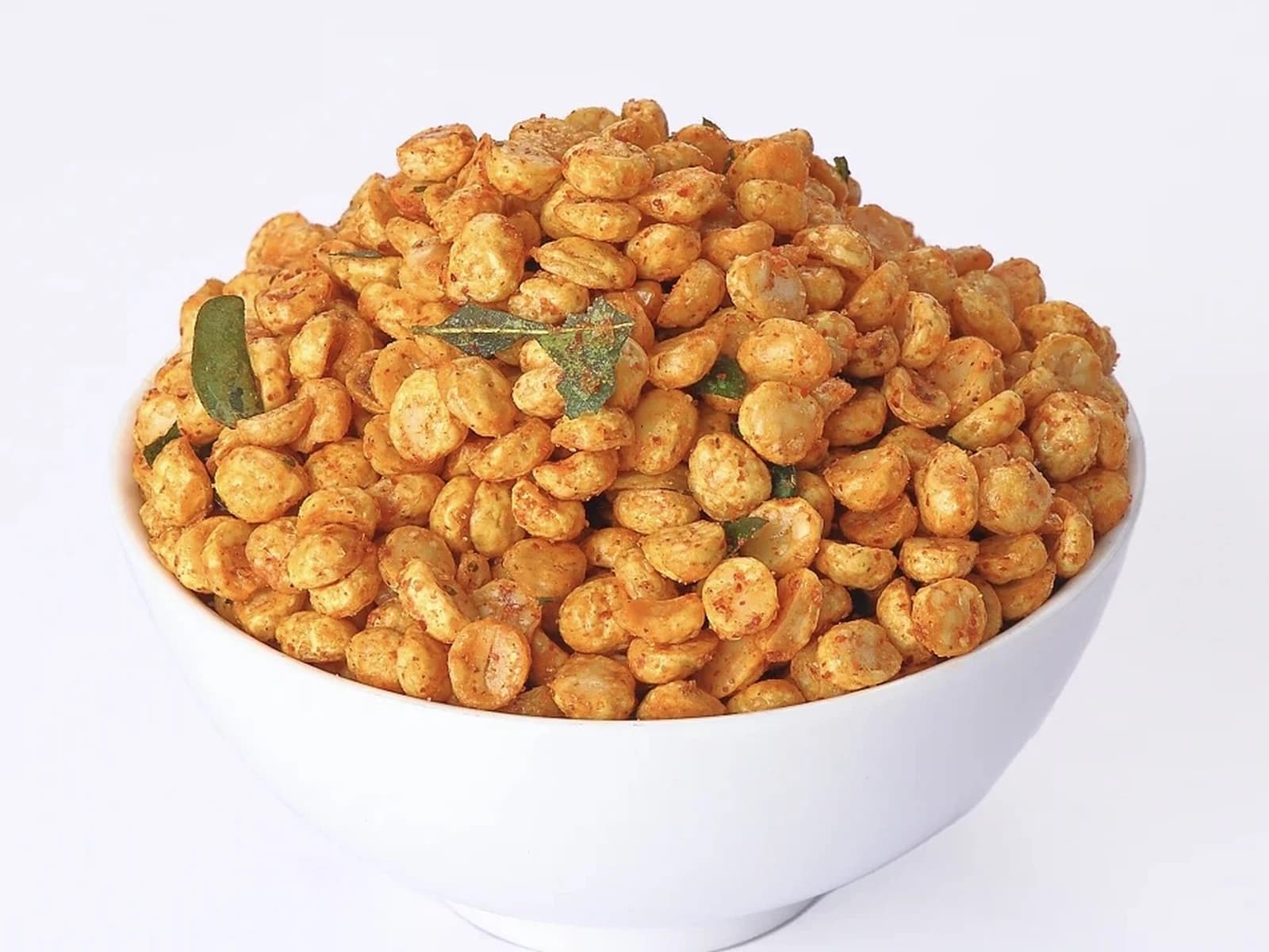 Bowl of karam senagapappu, spiced fried chana dal with curry leaves