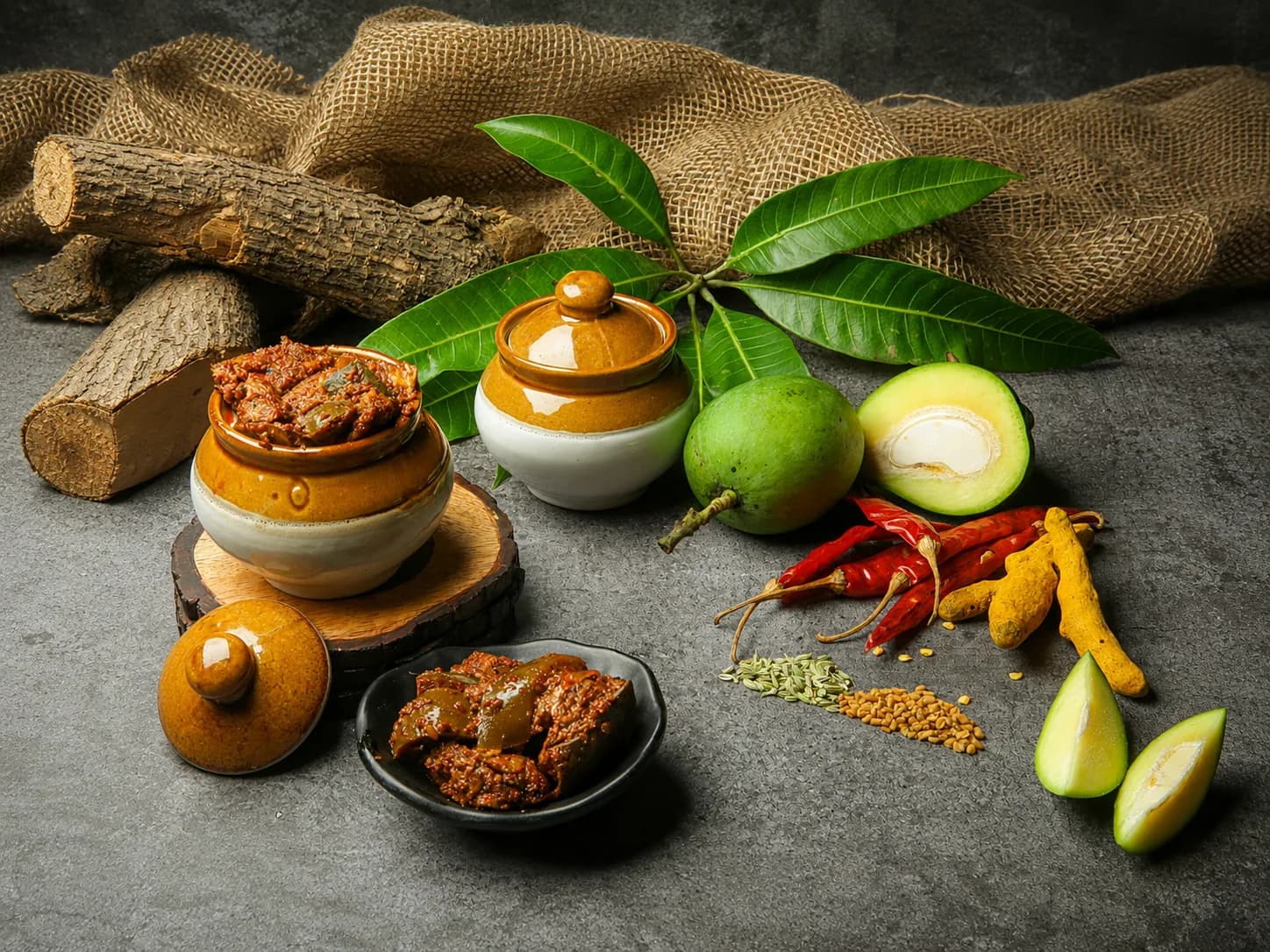 Jar of avakaya raw mango pickle with red chilli and mustard masala