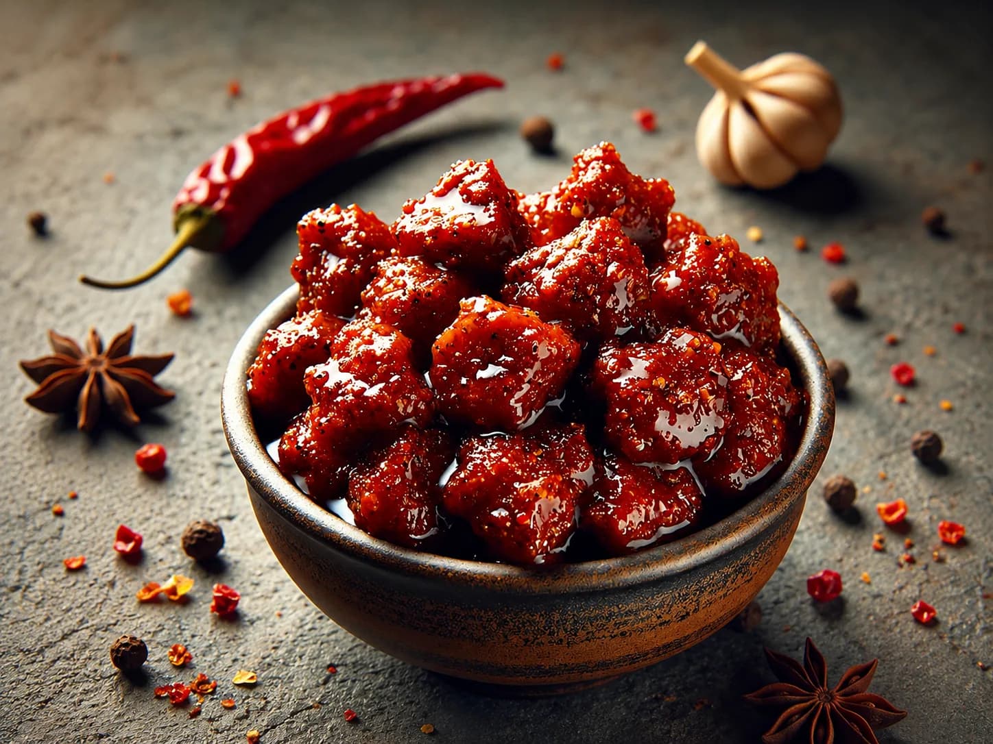 Jar of slow-cooked chicken pickle in spiced oil masala
