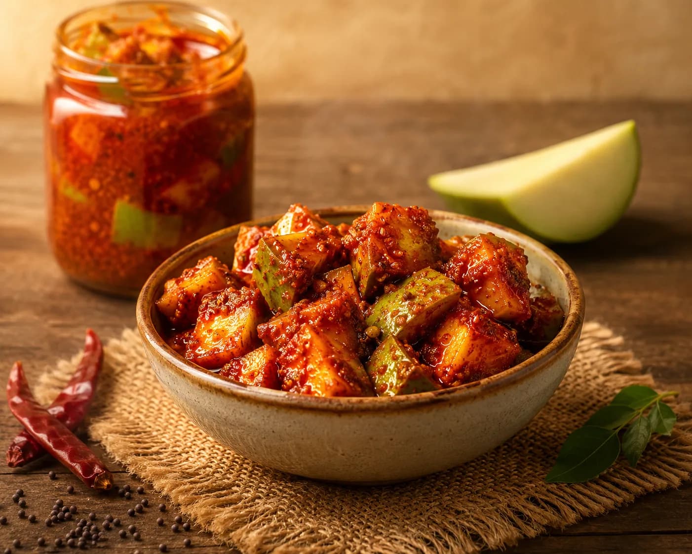 Bowl of mango ginger pickle in spiced masala