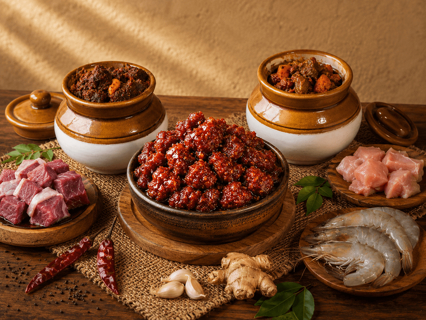 Selection of non-veg pickle jars with meat and spices