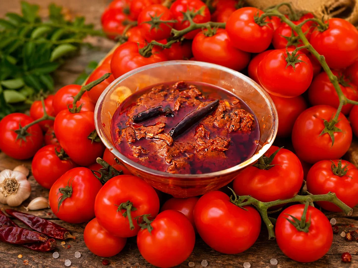 Bowl of tangy tomato pickle surrounded by fresh tomatoes