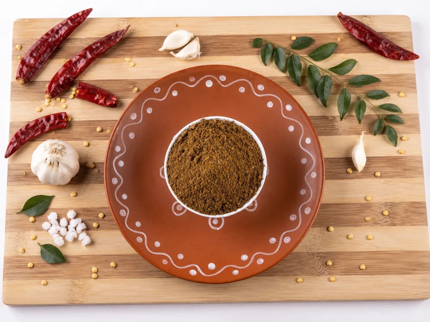 Bowl of karivepaku karam podi, a roasted curry leaf spice powder