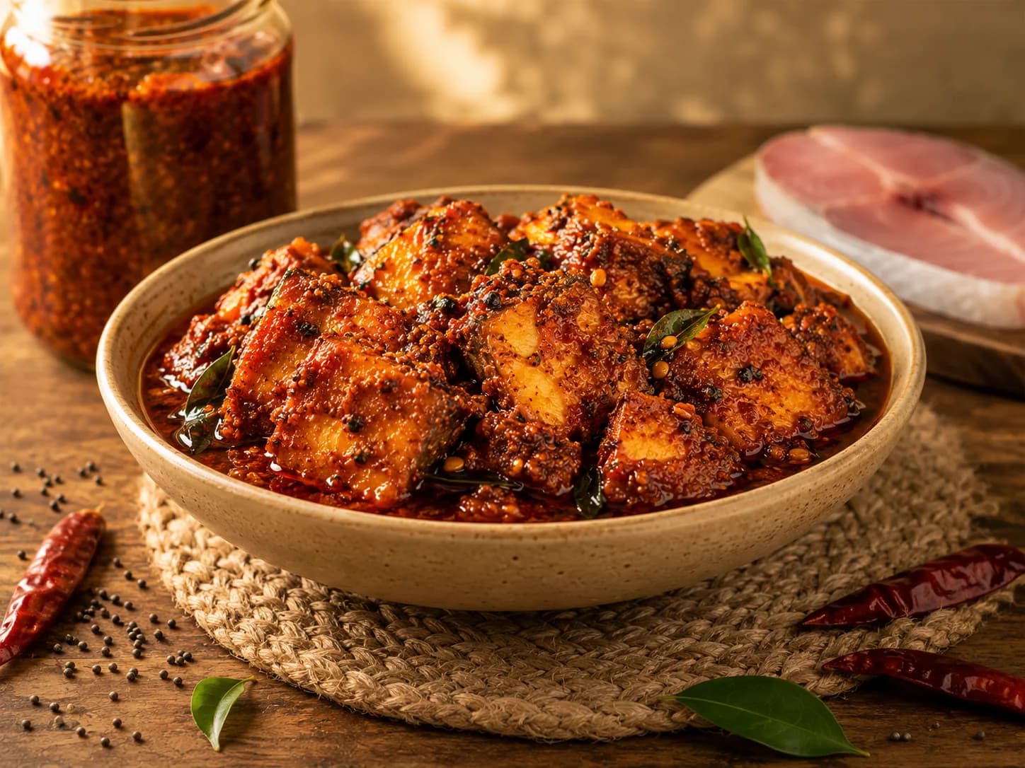 Bowl of fish pickle in tangy spiced masala