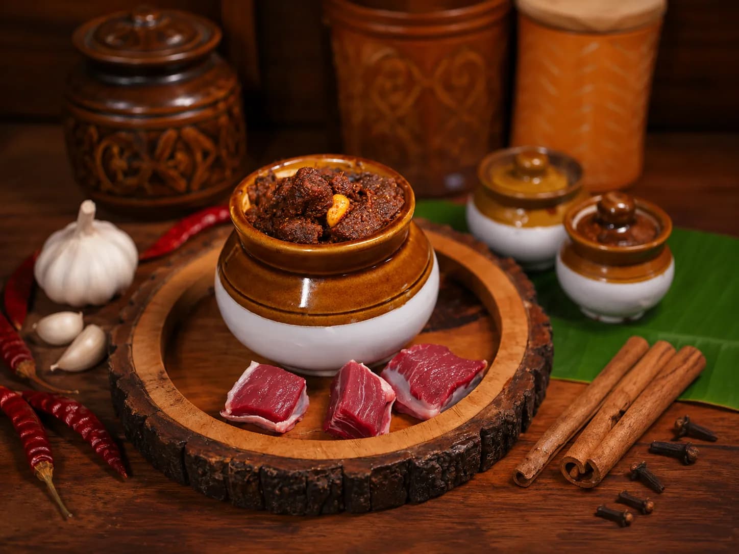 Jar of slow-cooked mutton pickle with whole spices